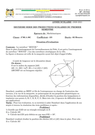 Première page de Mathématiques 3e, 3e ML — 2e production scolaire, 1er semestre (2020-2021) · CEG ONIGBOLO