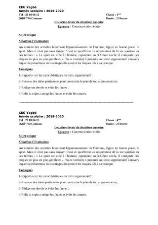 Première page de Français 4e, 4e ML — 2e devoir surveillé, 2e semestre (2019-2020) · CEG Yagbe