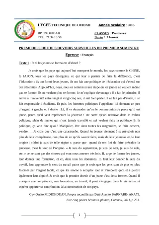 Première page de Français 1ère BTP, 1ère DPB, 1ère EL, 1ère F1, 1ère F2, 1ère F3, 1ère F4, 1ère G1, 1ère G2, 1ère G3, 1ère OG — 1er devoir surveillé, 1er semestre (2018-2019) · LT Ouidah
