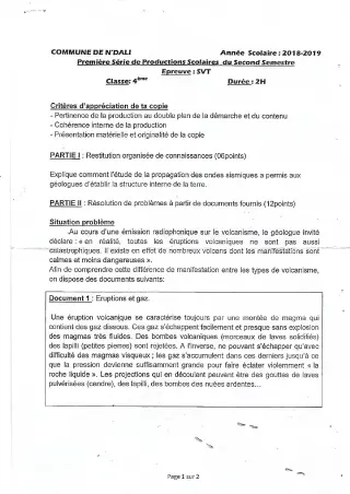 Première page de SVT 4e, 4e ML, 3e, 3e ML — 1re production scolaire, 2e semestre (2018-2019) · CEG Gbegourou