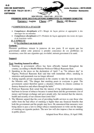 Première page de Anglais 3e ML — 1re évaluation sommative, 1er semestre (2019-2020) · CEG Dantokpa