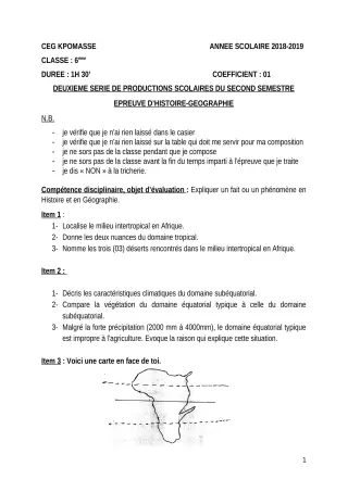 Première page de Histoire-Géographie 6e — 2e production scolaire, 2e semestre (2018-2019) · CEG Kpomassè