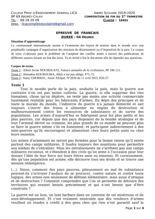 Première page de Français 1ère A2, 1ère B, 1ère C, 1ère D — Composition, 1er trimestre (2019-2020) · CPEG LICA