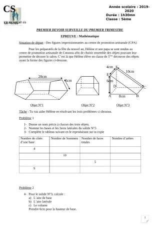 Première page de Mathématiques 5e — 1er devoir surveillé, 1er trimestre (2019-2020) · CPEG ROSAIRE