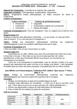 Première page de Philosophie 1ère C, 1ère D — Devoir surveillé (2019-2020) · CPEG Roger LAFIA