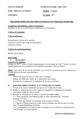 Première page de Histoire-Géographie 4e, 4e ML — 1er devoir surveillé, 1er semestre (2021-2022) · CEG LE NOKOUE