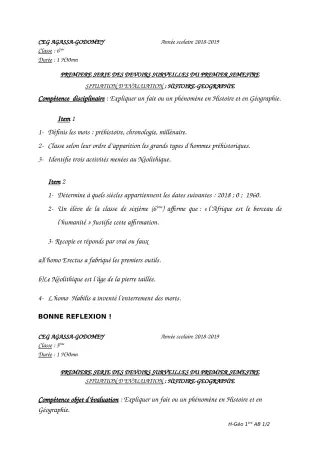 Première page de Histoire-Géographie 6e, 5e, 3e, 2nde A & B, 2nde C, 2nde D, 1ère A, 1ère B, 1ère C, 1ère D, Tle A2, Tle B, Tle C, Tle D — 1er devoir surveillé, 1er semestre (2018-2019) · CEG Agassa Godomey