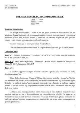 Première page de Français 2nde A & B, 2nde A1, 2nde A2, 2nde B, 2nde D — 1er devoir surveillé, 2e semestre (2019-2020) · CEG Attogon