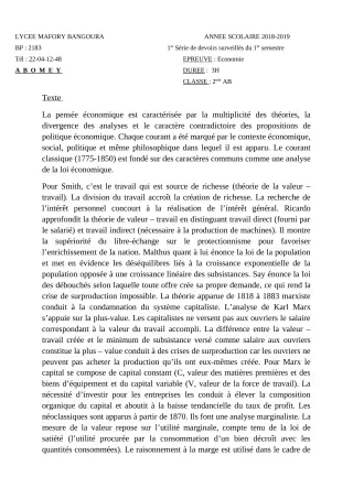 Première page de SVT 2nde A & B — 1er devoir surveillé, 1er semestre (2018-2019) · Lycée Houegbadja d'Abomey (Ex Mafory Bangoura)