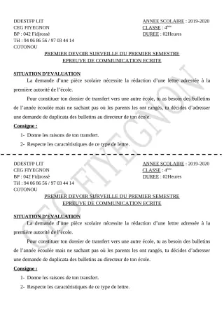 Première page de Français 4e, 4e ML — 1er devoir surveillé, 1er semestre (2019-2020) · CEG FIYEGNON