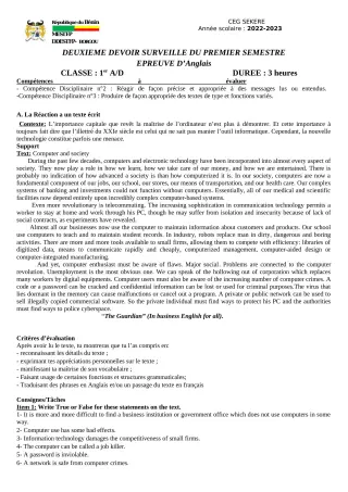 Première page de Anglais 1ère A2, 1ère D — 2e devoir surveillé, 1er semestre (2022-2023) · CEG SEKERE