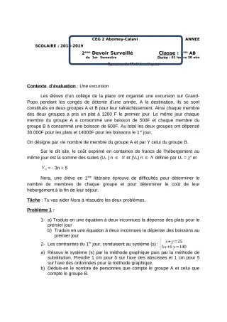 Première page de Mathématiques 1ère A2, 1ère B — 2e devoir surveillé, 1er semestre (2018-2019) · CEG2 ABOMEY - CALAVI (CEG ZOCA)