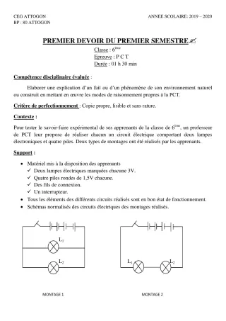 Première page de PCT 6e — 1er devoir surveillé, 1er semestre (2019-2020) · CEG Attogon