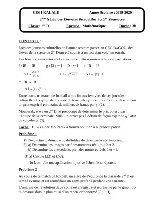 Première page de Mathématiques 2nde D — 2e devoir surveillé, 1er semestre (2019-2020) · CEG1 Kalalé
