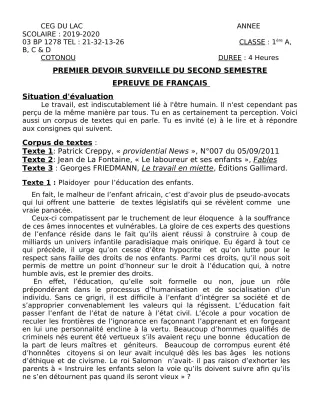 Première page de Français 1ère A2, 1ère B, 1ère C, 1ère D — 1er devoir surveillé, 2e semestre (2019-2020) · CEG du Lac