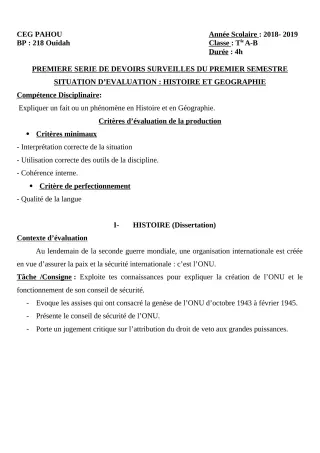 Première page de Histoire-Géographie Tle A1, Tle A2, Tle B — 1er devoir surveillé, 1er semestre (2018-2019) · CEG PAHOU