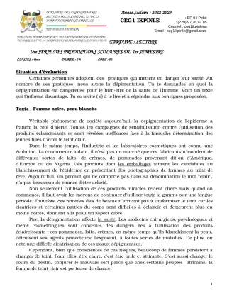 Première page de Français 4e — 1re production scolaire, 1er semestre (2022-2023) · CEG1 Ikpinlè