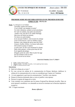 Première page de Français 2nde BTP, 2nde EL, 2nde F1, 2nde F2, 2nde F3, 2nde F4, 2nde G1, 2nde G2, 2nde G3, 2nde OG — 1er devoir surveillé, 1er semestre (2019-2020) · LT Ouidah
