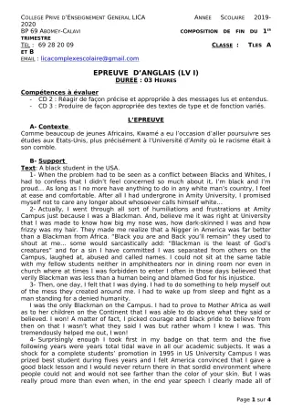Première page de Anglais Tle A2, Tle B — Composition (2019-2020) · CPEG LICA