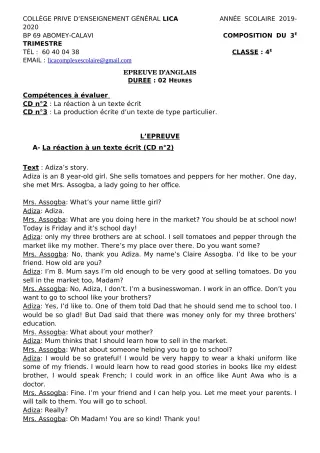 Première page de Anglais 4e, 4e ML — Composition, 1er trimestre (2019-2020) · CPEG LICA