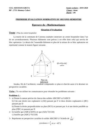 Première page de Mathématiques 4e, 4e ML — 1re évaluation sommative, 2e semestre (2019-2020) · CEG Ahossougbéta