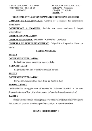 Première page de Philosophie 1ère C, 1ère D — 2e évaluation sommative, 2e semestre (2019-2020) · CEG Kouhounou-Vêdoko