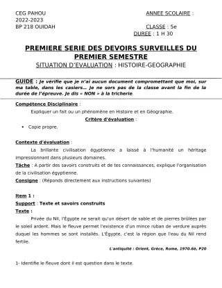 Première page de Histoire-Géographie 5e — 1er devoir surveillé, 1er semestre (2022-2023) · CEG PAHOU