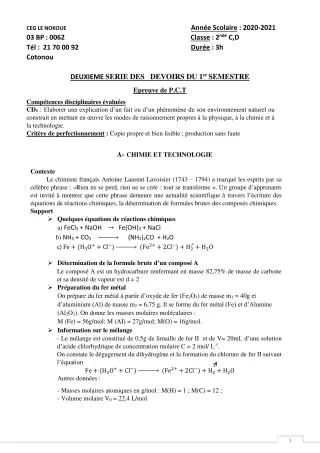 Première page de PCT 2nde C, 2nde D — 2e devoir surveillé, 1er semestre (2020-2021) · CEG LE NOKOUE