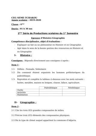 Première page de Histoire-Géographie 6e, 5e, 4e, 3e — 2e production scolaire, 1er semestre (2019-2020) · CEG Sème tchakou