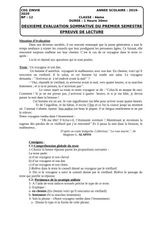 Première page de Français 6e — 2e évaluation sommative, 1er semestre (2019-2020) · CEG Zinvié