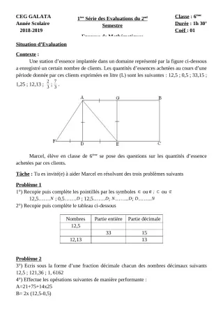Première page de Mathématiques 6e, 5e, 4e, 4e ML, 3e, 3e ML — 1re évaluation sommative, 2e semestre (2018-2019) · CEG Galata