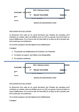 Première page de Français 6e, 3e, 3e ML — 1er devoir surveillé, 1er semestre (2018-2019) · CEG2 ABOMEY - CALAVI (CEG ZOCA)