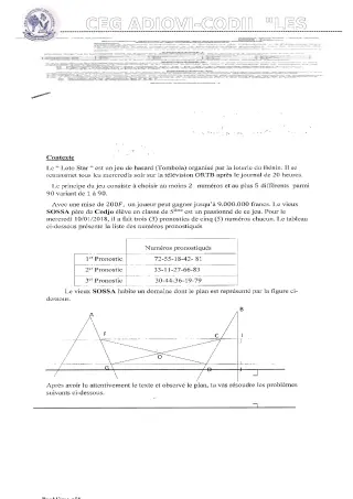 Première page de Devoir surveillé de MATHS GENE — 5e — CEG ADJOVICODJI 'LES OLIVIERS' (2019)