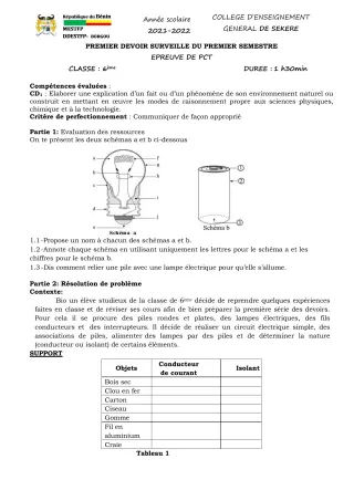Première page de PCT 6e — 1er devoir surveillé, 1er semestre (2021-2022) · CEG SEKERE