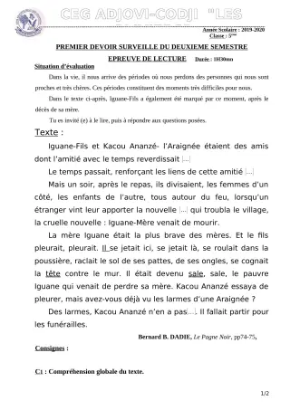 Première page de Français 5e — 1er devoir surveillé, 2e semestre (2019-2020) · CEG ADJOVICODJI 'LES OLIVIERS'