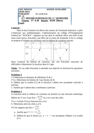Première page de Mathématiques Tle A2, Tle B — 2e devoir surveillé, 1er semestre (2020-2021) · CEG ZONGO