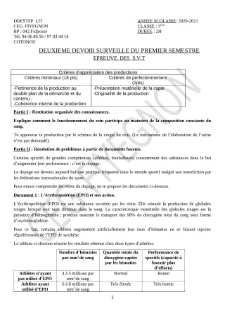 Première page de SVT 3e, 3e ML — 2e devoir surveillé, 1er semestre (2020-2021) · CEG FIYEGNON