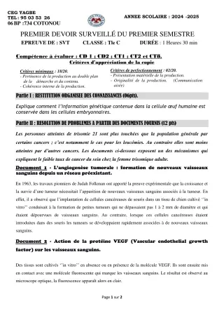 Première page de SVT Tle C — 1er devoir surveillé, 1er semestre (2024-2025) · CEG Yagbe