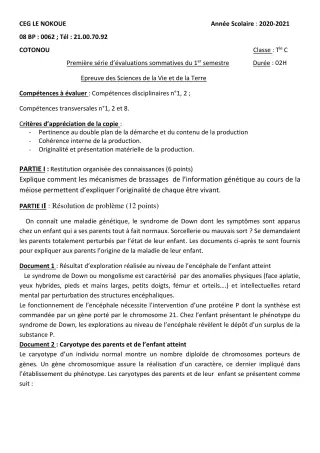 Première page de SVT Tle C — Évaluation sommative, 1er semestre (2020-2021) · CEG LE NOKOUE