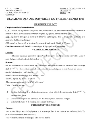 Première page de PCT 3e — 2e devoir surveillé, 1er semestre (2020-2021) · CEG FIYEGNON