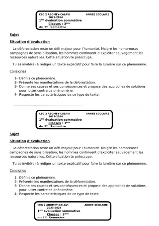Première page de Français 3e — 1re évaluation sommative, 1er semestre (2023-2024) · CEG2 ABOMEY - CALAVI (CEG ZOCA)