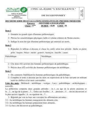 Première page de Histoire-Géographie 6e, 5e — 2e évaluation sommative, 1er trimestre (2023-2024) · CPEG L'EXCELLENCE