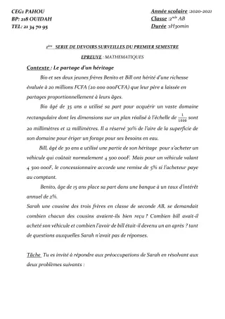Première page de Mathématiques 2nde A & B, 2nde A2 — 1er devoir surveillé, 1er semestre (2020-2021) · CEG PAHOU