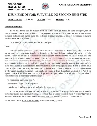 Première page de Français 3e ML — 2e devoir surveillé, 2e semestre (2023-2024) · CEG Yagbe