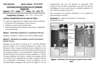 Première page de SVT 4e, 4e ML — 2e devoir surveillé, 1er semestre (2019-2020) · CEG1 Kalalé