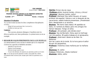 Première page de Espagnol 4e — 1er devoir surveillé, 1er semestre (2022-2023) · CEG SEKERE