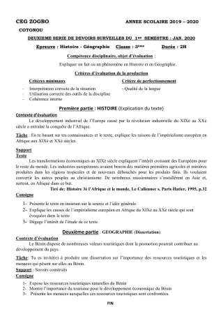 Première page de Histoire-Géographie 3e, 3e ML — 2e devoir surveillé, 1er semestre (2019-2020) · CEG ZOGBO