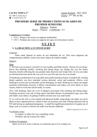 Première page de Anglais 3e, 3e ML — 1re production scolaire, 1er semestre (2021-2022) · Lycée Toffa 1er