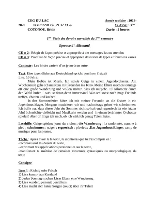 Première page de Allemand 3e ML — 1er devoir surveillé (2019-2020) · CEG du Lac