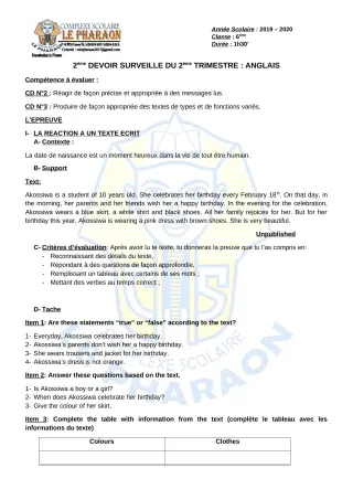 Première page de Anglais 6e — 2e devoir surveillé, 2e trimestre (2019-2020) · CPEG LE PHARAON
